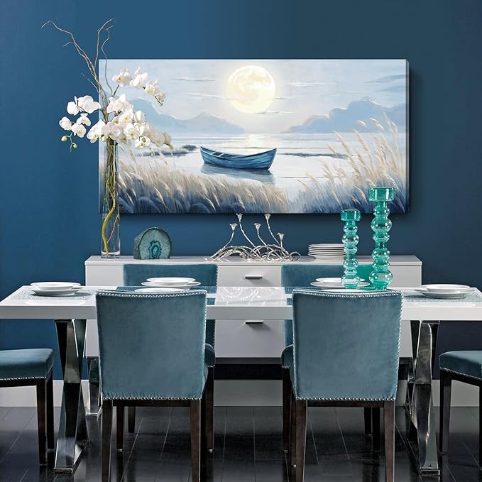 Large Wall Art for Living Room Bedroom Decor - Modern Nautical Beachy Ocean Beach Seascape Nature Artwork with Blue Boat Moon Lake Mountain Sea - Relaxing Serene Canvas Picture for Coastal Rustic Home-Ruum Studio Home