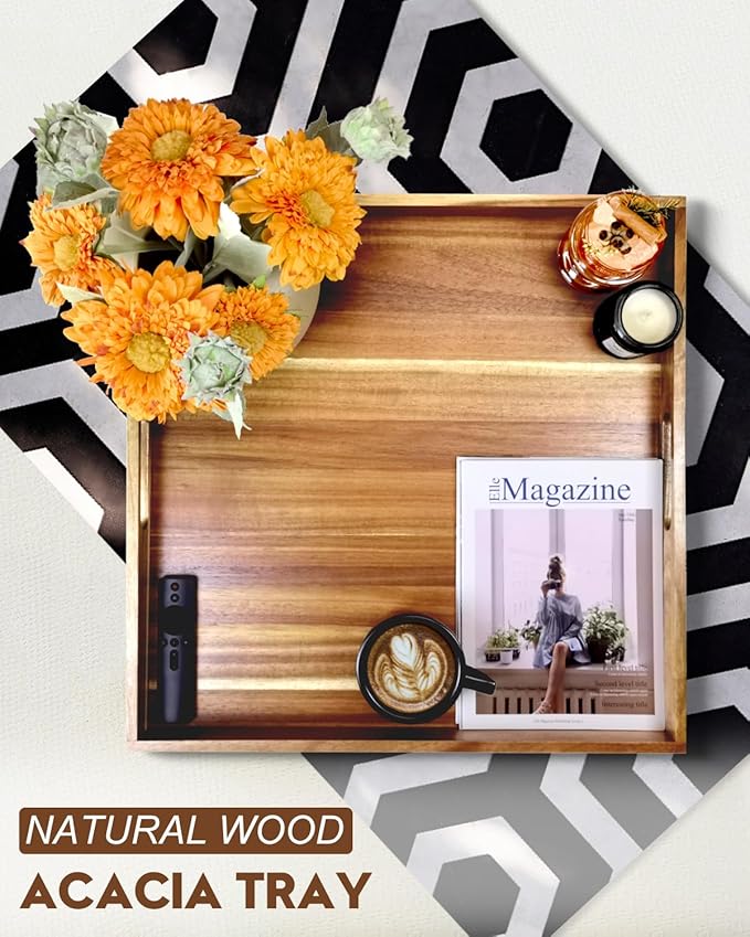 22 Inches Square Acacia Wood Ottoman Tray, Extra Large Wooden Serving Tray with Handles for Living Room, Serving Food Breakfast, Ottoman Coffee Table Couch Sofa Kitchen-Ruum Studio Home