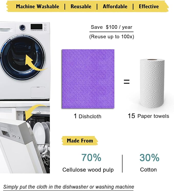 Swedish Dishcloths - 10 Pack Reusable Kitchen Dishcloths - Ultra Absorbent Dish Towels for Washing Dishes - Cellulose Sponge Cloth Cleaning Cloths - Purple-Ruum Studio Home