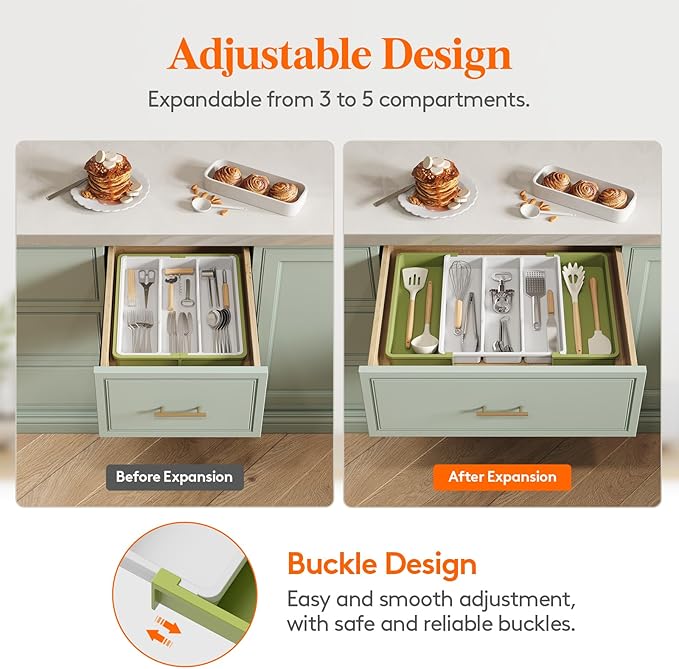Lifewit Utensil Organizer for Kitchen Drawers, Expandable Cooking Utensil Tray, Adjustable Cutlery Silverware Flatware Holder, Plastic Spatula Tools and Gadgets Storage Divider, Large, Green&White-Ruum Studio Home