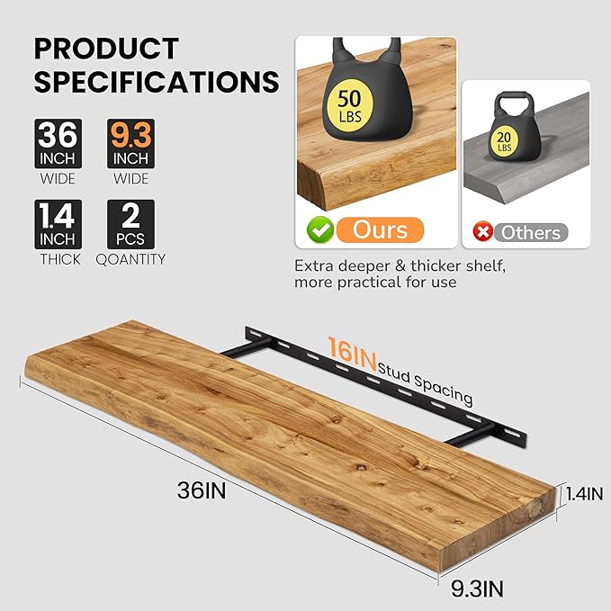 Floating Shelves for Wall, 36"x9.3" Rustic Solid Live-Edge Elm Wood Wall Shelves, Heavy-Duty Floating Shelves with Invisible Brackets, Set of 2 for Living Room, Bedroom, and Kitchen, Natural Finish-Ruum Studio Home