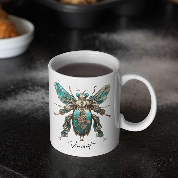 Unique Mechanical Insect Art Ceramic Cup, Personalized Steampunk Beetle Design Coffee Mug 11oz, Custom Name White Mug For Science Fiction Enthusiasts, Customized Insect Ceramic Mug-Ruum Studio Home