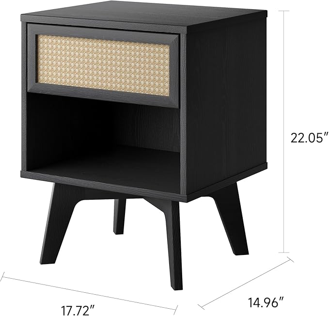 MUSEHOMEINC Nightstand, Boho Bedside Table with Rattan Drawer Open Shelf, Black Wooden Night Stand with Storage, Mid Century Modern End Table for Bedroom, Living Room,Dorm and Small Spaces-Ruum Studio Home
