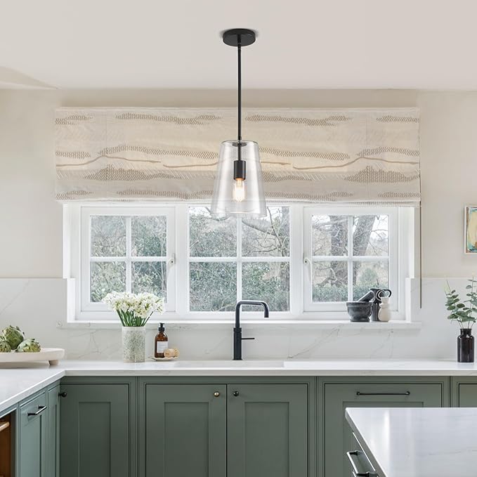 Black Big Pendant Lights Kitchen Island - Clear Glass Pendant Light Fixture Multiple Stems Rods 3 Units 12 Inch 3 Units 4 Inch (2 Pack Black Downrod Pendant with 7.5in W 9.5in H Shade)-Ruum Studio Home