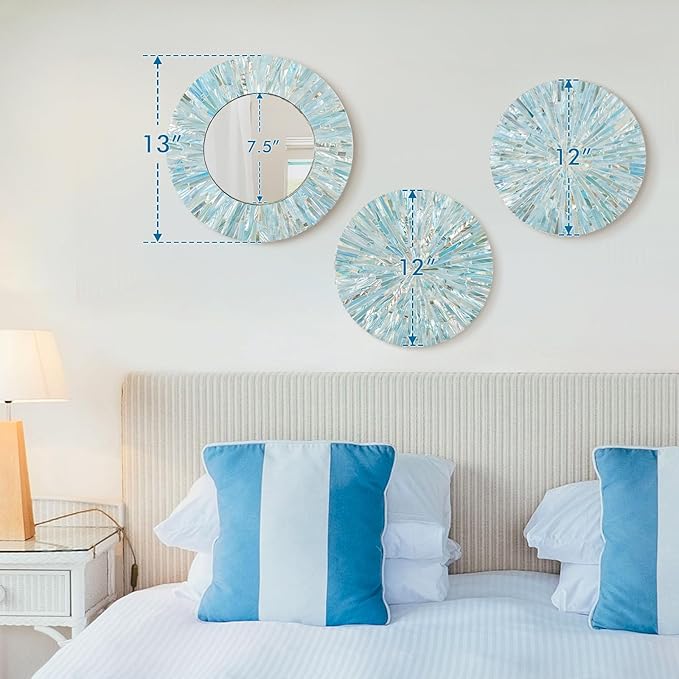 Beach Mirror Wall Decor for Living Room, 3PCS Natural Mother of Pearl Coastal Wall Art Bedroom Bathroom Decoration, Handmade Ocean Round Wall Hanging Sculptures for Home Office Holiday Hotel-Ruum Studio Home