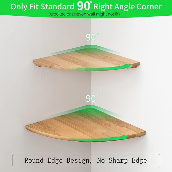 Corner Shelves, Floating Corner Shelf, Set of 2 Solid Oak Wood Wall Shelves, Round End Wall Mount with Wire Hole Shelving for Small Plant for Bedroom Kitchen, Living Room 8.7“-Ruum Studio Home