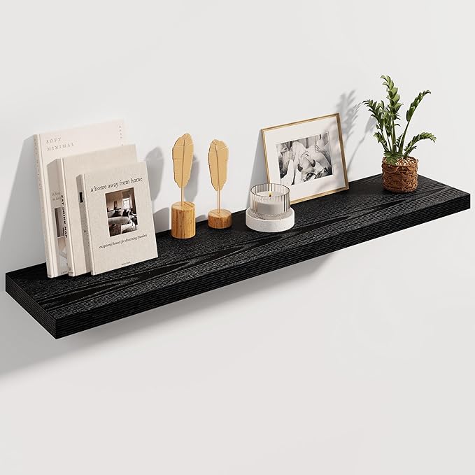 Black Floating Shelves 48 Inch Long, 8 Deep Floating Shelves for Wall, Rustic 48" Long Fireplace Mantel, Large 48 x 8 Wall Shelves for Bedroom, Living Room, Bathroom, Black Deep Shelves Set of 1-Ruum Studio Home