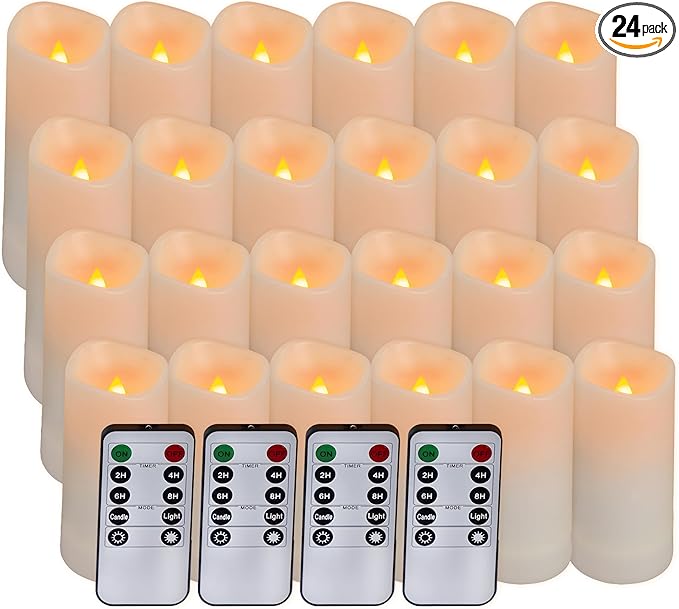 Aignis 24pcs Flameless LED Candles Battery Operated with 10-Key Remote Timer, Outdoor Waterproof Electric Lights, Warm Flickering Glow for Cozy Home/Wedding/Holiday Décor (D2.2'' x H4''/5''/6''/7'')-Ruum Studio Home