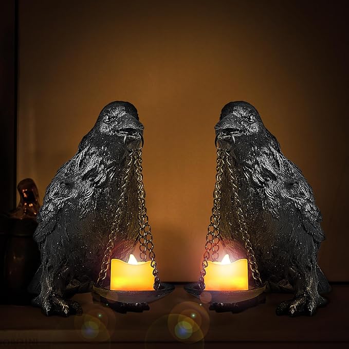 Raven Gothic Home Decor Fake Crow Light Holder Raven Lamp Tealight Candle Holder Resin Raven Statue Wearing Silver 2PCS-Ruum Studio Home