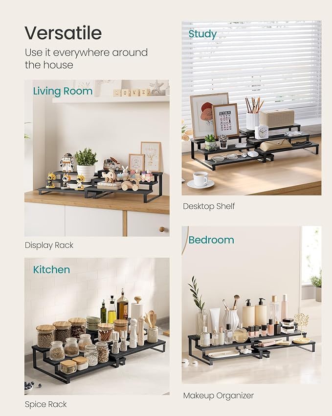 SONGMICS Display Risers, Set of 2 Engineered Wood Perfume Organizer Stand, 3-Tier Cupcake Stand Holder, Spice Rack, Shelf Risers for Figures, Dessert Shelves, Ebony Black and Ink Black UKCS116B01-Ruum Studio Home