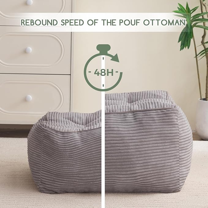 HIGOGOGO Square Stuffed Pouf Ottoman, Corduroy Poufs with Foam Chunk Filling, Furry and Fluffy Pouf Foot Stool Storage Ottoman, 25.6 X 25.6 Floor Poufs Foot Rest for Living Room, Grey-Ruum Studio Home