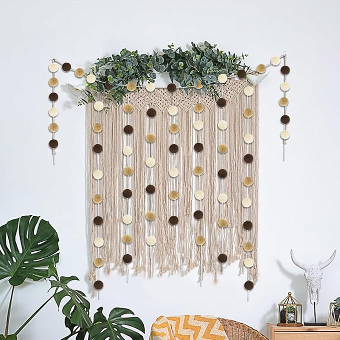 Jishi Pom Pom Garland Boho Party Decorations, 3-Pack Brown Khaki Beige Felt Ball Garland Cute Pastel Rainbow Pompom Strings, Christmas Birthday Wedding Rustic Boho Home Decor Supplies, Xmas Tree Decor-Ruum Studio Home