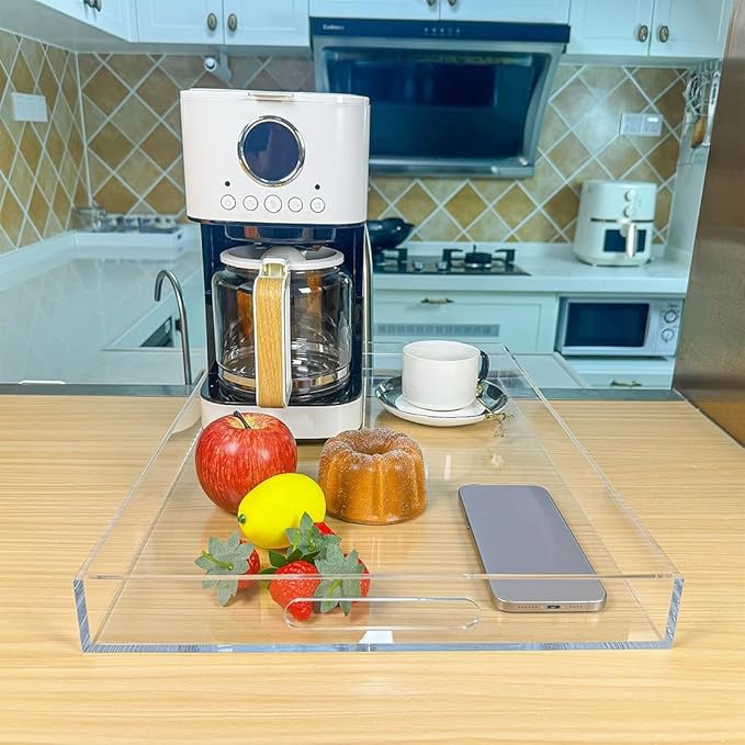 Clear Rectangular 14x20 Inches Acrylic Ottoman Tray Decorative Serving Tray with Cutout Handles Organizer Tray on Coffee Table Countertop Big Breakfast Bed Tray Living Room Appetizer Serving Food-Ruum Studio Home