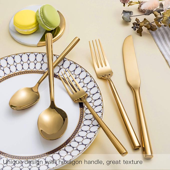 Silverware Set Flatware Set Shiny Gold Cutlery Set with Hexagon Handle Forged Stainless Steel Heavy 20 Pieces For Home Hotel Use Service for 4-Ruum Studio Home