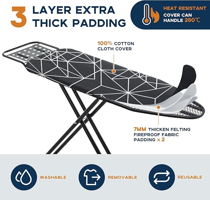 Ironing Board 43x13, Compact Iron Board Full Size with Heavy Duty Iron Rest, Thick Padded Cover, Adjustable Height, Sturdy Lightweight Steel Legs, Black-Ruum Studio Home