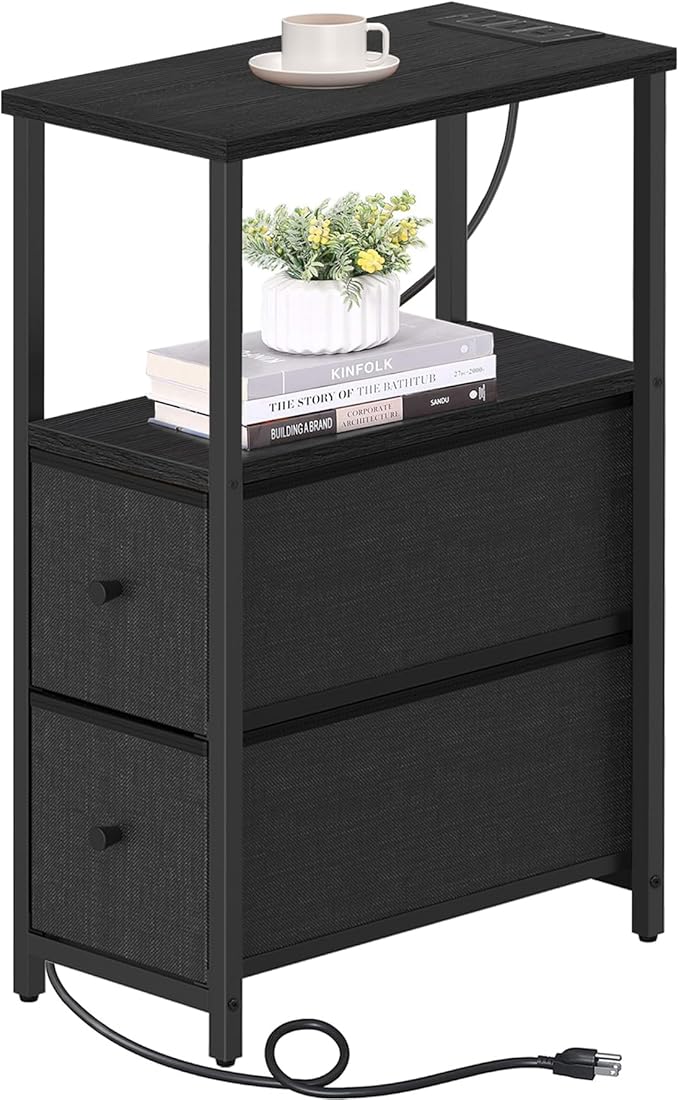 TUTOTAK Small Narrow End Table with Charging Station, Side Table with Outlets, Nightstand with 2 Cloth Drawers, Couch Table, for Living Room, Bedroom, Bedside, Black TB01BK085-Ruum Studio Home