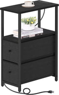 TUTOTAK Small Narrow End Table with Charging Station, Side Table with Outlets, Nightstand with 2 Cloth Drawers, Couch Table, for Living Room, Bedroom, Bedside, Black TB01BK085-Ruum Studio Home