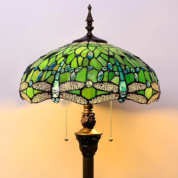 Tiffany Floor Lamp Stained Glass Lamp Standing Reading Light 16x16x70 Inch for Living Room (Green Dragonfly)-Ruum Studio Home