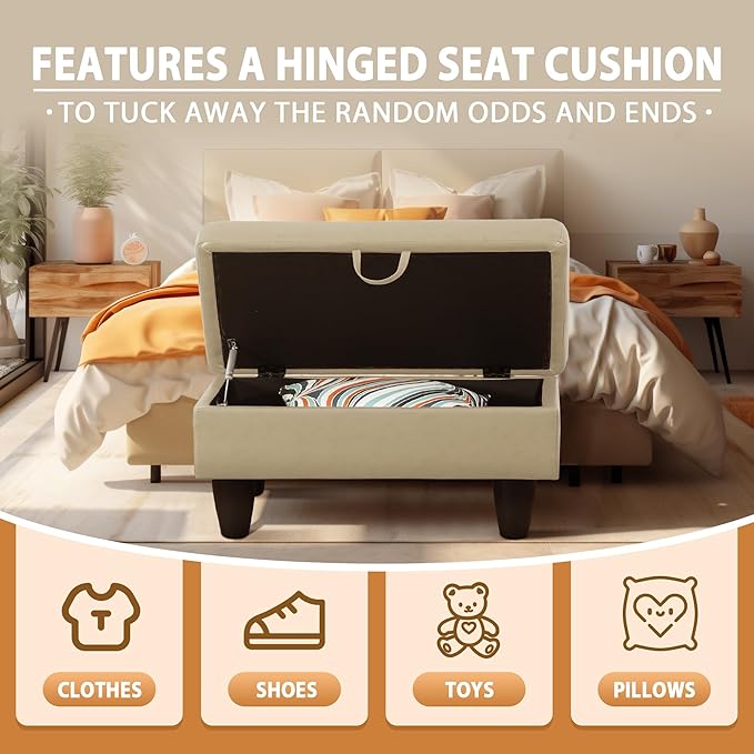 Ottoman Rectangular Storage Ottoman Bench, Faux Leather Footrest, Coffee Table, Stool Footstool with Hinged Lid for Living Room, Bedroom, Entryway, White, 28.5"x19"x17.5"-Ruum Studio Home