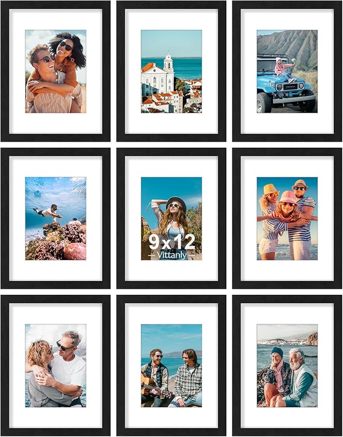 Vittanly 9x12 Picture Frames Set of 9, Shatter Resistant Plexiglass, Display 6x8 Pictures with Mat or 9x12 without Mat, Photo Frames for Wall or Tabletop, Engineered Wood, Black-Ruum Studio Home