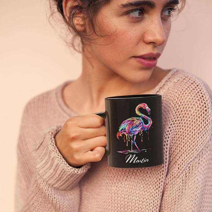 Beautiful Flamingo Animal Mug, Customized Name Flamingo Coffee Cup, Personalized Flamingo Lover Black Mug, Gift For Girlfriend, Colorful Animal Cup, Custom Flamingo Ceramic Cup 11oz 15oz-Ruum Studio Home