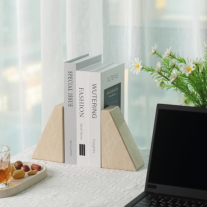 Marble Bookends for Heavy Books, Decorative Book Ends for Shelves, Durable and Heavy-Duty Stone Bookends for Hardback Book & CDS, Unique Book Stopper & Holder, New Jura Beige-Vein, Set of 2-Ruum Studio Home
