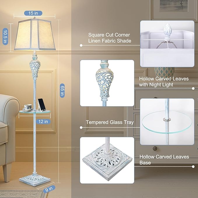 Vintage Floor Lamp with Night Light and Glass Tray, 65" High Retro Standing Lamp with Washed Blue Finish and White Linen Shade, Farmhouse Tall Lamp Decor for Living Room Bedroom House (Bulb Included)-Ruum Studio Home