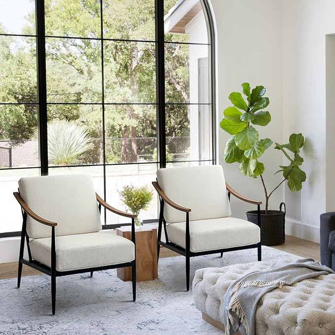 Modern Accent Chairs Set of 2 for Living Room Bedroom Mid Century Arm Chairs Upholstered Office Accent Chairs Comfy Waiting Room Chairs with Metal Frame, Cream White-Ruum Studio Home