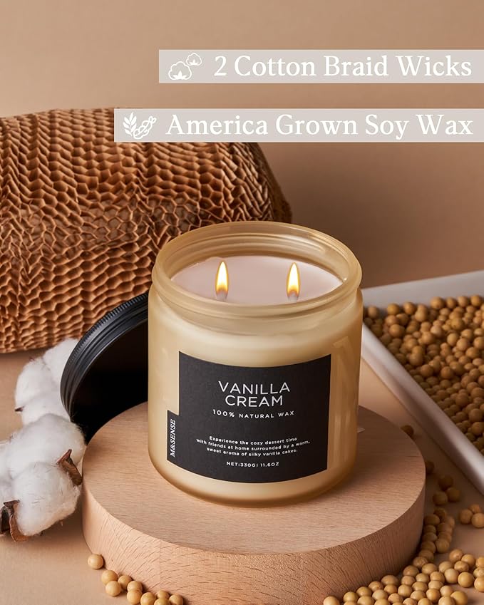 M&SENSE Vanilla Soy Candles, Medium 2 Wick 11.6oz 70 Hours Burning Time, All Natural Organic Soy Wax, Relaxing Aromatherapy Scented Candle, Housewarming Gift for Women and Men-Ruum Studio Home