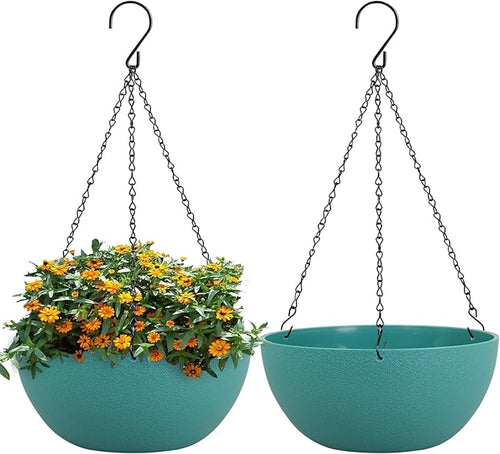 10 inch Hanging Planters for Outdoor Indoor Plants with Drainage Holes and Chain, 2 Pack Round Hanging Flower Pots for Garden Home Porch Decor, Blue Green-Ruum Studio Home