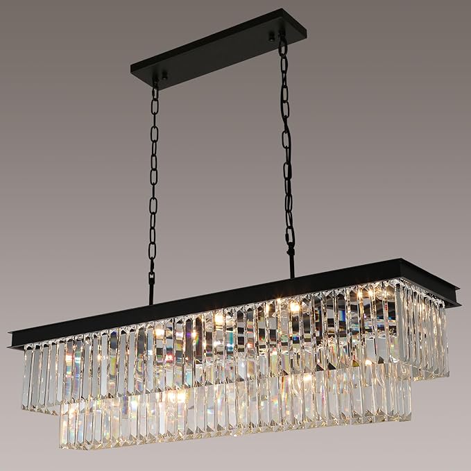Crystal Chandeliers for Dining Room Light Fixtures Over Table，15-Lights Black Modern Rectangle Chandeliers for Kitchen Island Bar L40 Inch-Ruum Studio Home