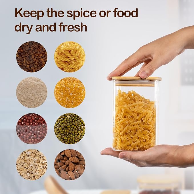 41oz Airtight Glass Square Storage Canister with Bamboo Lid Set of 4 (1200ml) Container Stackable Jar, Kitchen Canister for Pantry Noodles, Flour and Coffee beans (‎with Black Lable)-Ruum Studio Home