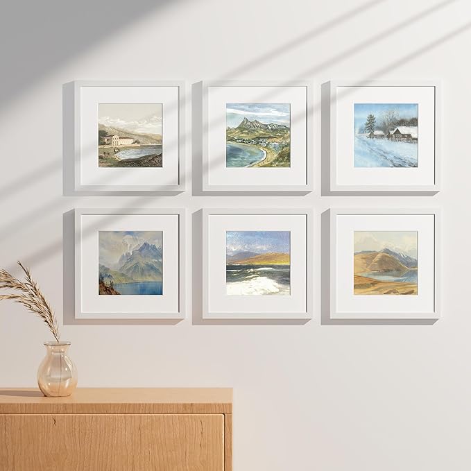 Vittanly 12x12 Picture Frames Set of 9, Shatter Resistant Plexiglass, Display 8x8 Pictures with Mat or 12x12 without Mat, Photo Frames for Wall Mount, Engineered Wood, White-Ruum Studio Home