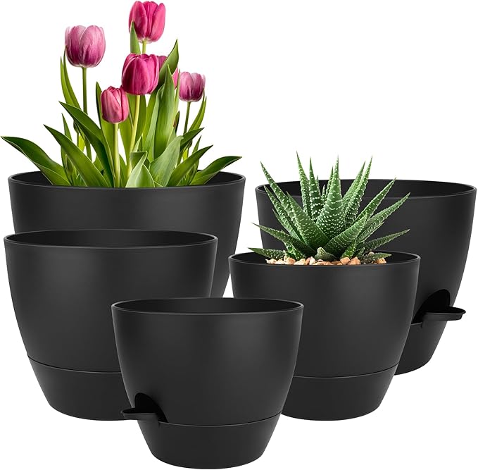 Plant Pots 10/9/8/7.5/7 Inch Self Watering Pots, Set of 5 Plastic Planters with Drainage Holes and Saucers,Plastic Flower Pots,Nursery Planting Pot for Indoor Out Door Plants(All Black)-Ruum Studio Home