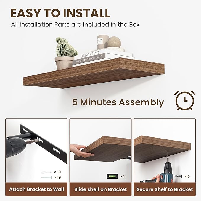 48 Inch Floating Shelves, 12 Inch Deep Floating Shelves for Wall, Floating Shelf with Invisible Brackets, Deep Shelves for Bathroom, Bedroom, Living Room, 1 Pack, Walnut-Ruum Studio Home