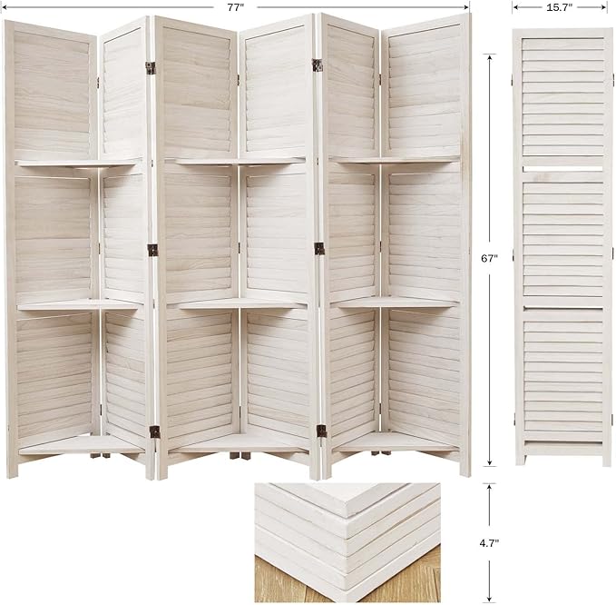 Partition Room Dividers, Folding Wood Privacy Screen with Three Display Shelves Suitable for Home Office, Study, Art Display - 6 Panel, 67 * 77inch (White)-Ruum Studio Home