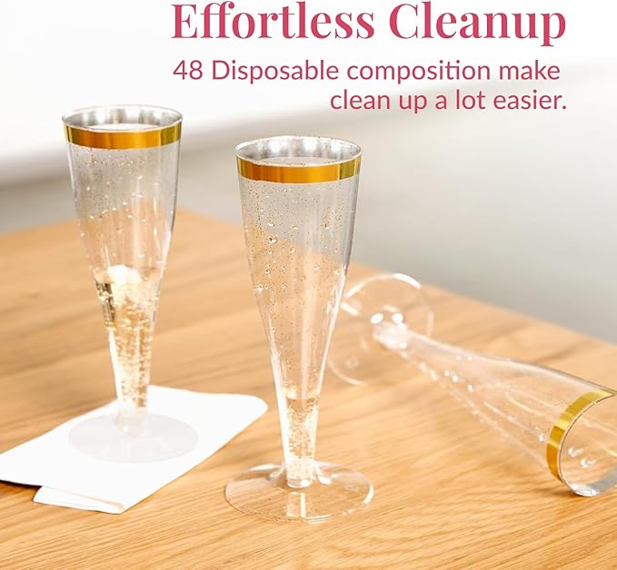 Prestee 48 Disposable Plastic Champagne Flutes with Gold Rim Glitter - Clear Toasting Glasses for Mimosa, New Year’s Eve Party, and Elegant Celebrations - Premium Quality Disposable Stemware-Ruum Studio Home