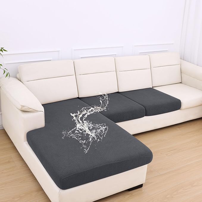 hyha Waterproof Couch Cushion Covers for Pets, Non Slip Sofa Seat Cover for Dogs Washable, Soft Thick Stretch Jacquard Fabric, Sofa Slipcovers with Elastic Bottom (1 Chaise+2 Seater, Grey)-Ruum Studio Home