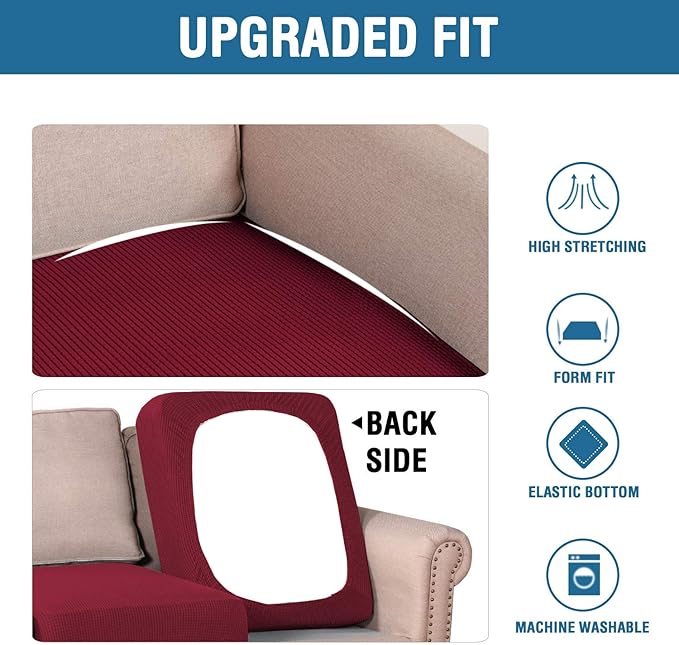 H.VERSAILTEX Super Stretch Individual Seat Cushion Covers - Sofa & Couch Cushion Slipcover Sets - Thick Jacquard Textured Twill Fabric (3 Piece XL Sofa Cushion Covers, Burgundy Red)-Ruum Studio Home