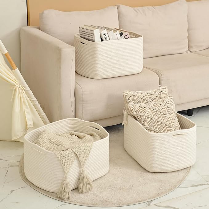 Large Storage Baskets for Organizing Shelves, Woven Cotton Rope Bins for Baby Nursery Organization, Book Toy Towel Organizer, 17"x13"x9.5", 3 Packs, Off White-Ruum Studio Home