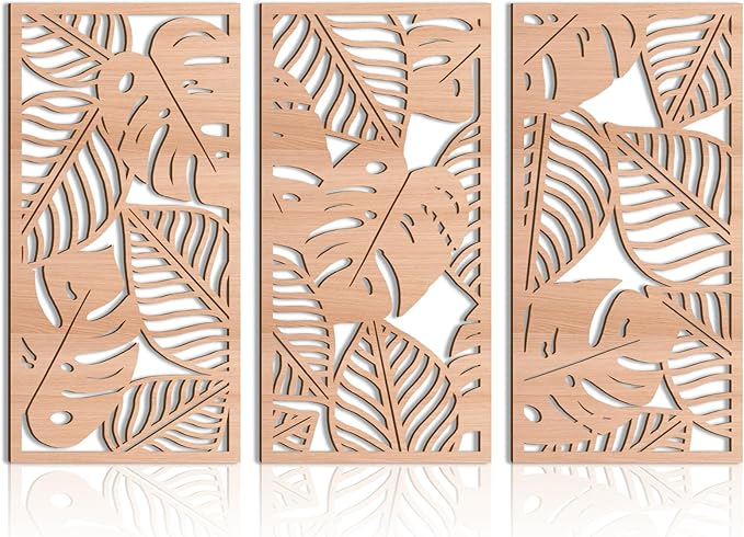 IARTTOP Leaf Wood Tropical Wall Art 15.9X32 Inch Carved Palm Leaves Wall Decor Coastal Monstera Plant Wall Sculptures for Living room Bedroom Set of 3-Ruum Studio Home