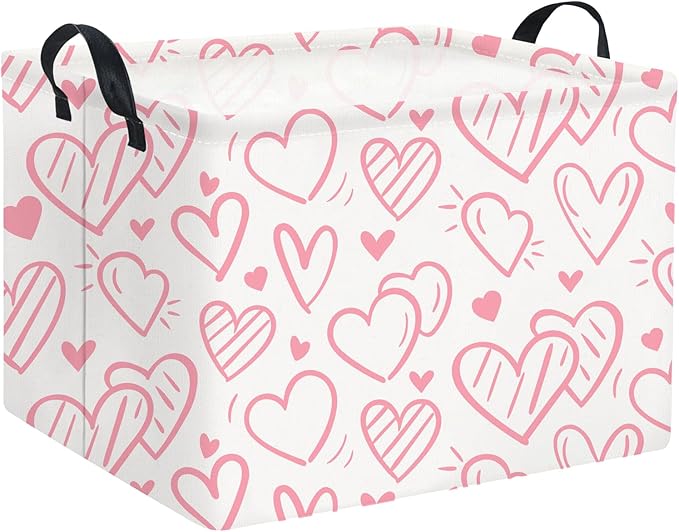 HIYAGON Rectangular Pink Basket Kids Baby Storage Bin Toy Basket Organizer Box for Girls Love Room Decor(Pink Striped Heart)-Ruum Studio Home