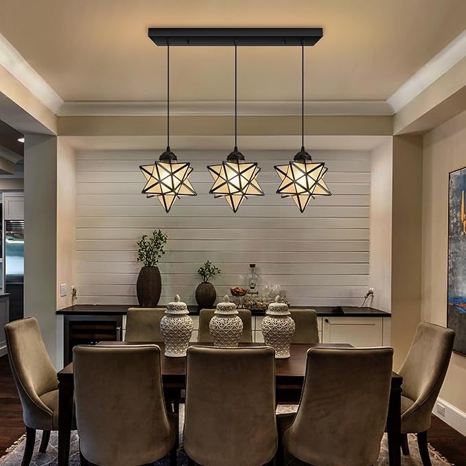 Modern Frosted White Glass Chandelier Dining Room Farmhouse Star Pendants Lights for Kitchen Island LED Ceiling Hanging Lighting Included Warm Light Bulbs Black-Ruum Studio Home