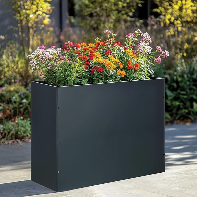 BAYN Metal Rectangular Planter Box Tall Planters for Outdoor Plants Modern Heavy Duty with Drainage Holes for Outside Indoor Patio Deck - Grey, 32”x 12”x 24”-Ruum Studio Home