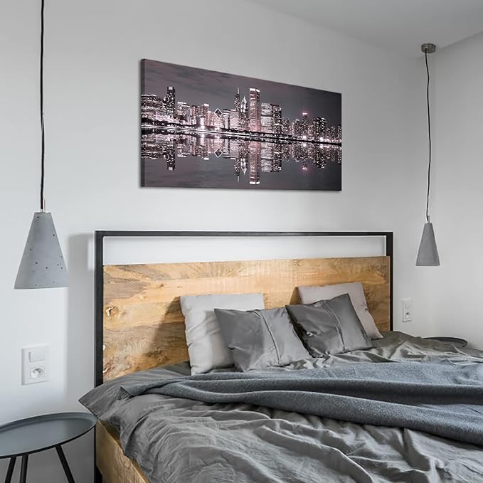Conipit Chicago Wall Art Chicago Skyline Artwork City Night Downtown Picture Cityscape Painting Framed for Bedroom Home Office Decor 24"x48"-Ruum Studio Home