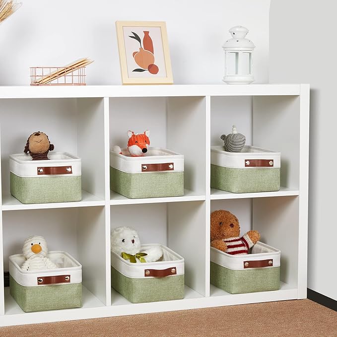 DULLEMELO Storage Baskets for Shelves, Small Fabric Collapsible Rectangular Storage Baskets for Organizing, Closets, Nursery, Home, Office, Empty Gift Baskets (6-Pack, White&Green)-Ruum Studio Home