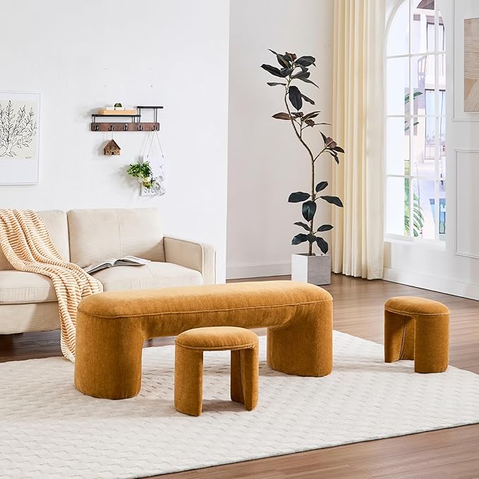 3-Piece 53" Comfy Upholstered Dining Bench with 2 Ottomans, Accent Waterfall Bench Modern End of Bed Entryway Bench Vanity Stool，Pumpkin Chenille-Ruum Studio Home