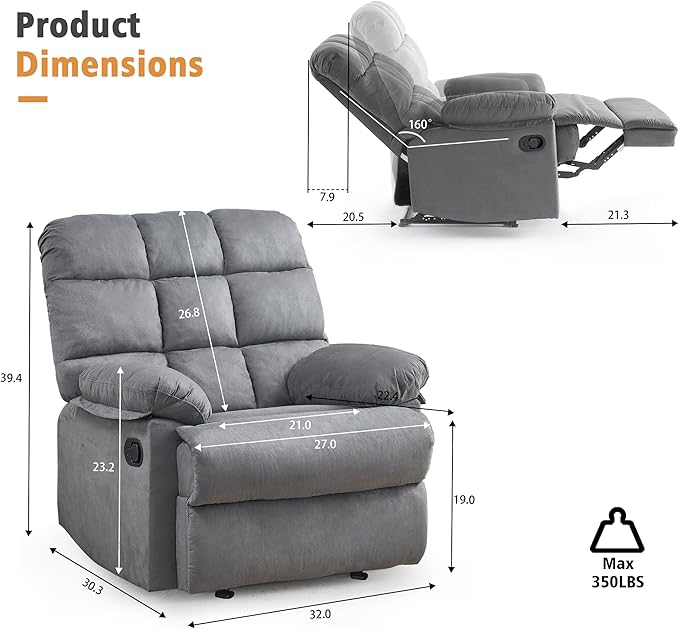Rocker Recliner Chair, Overstuffed Manual Rocking Recliner for Adults, Upholstered Comfy Soft Fabric Living Room Reclining Sofa Chair(Gray)-Ruum Studio Home