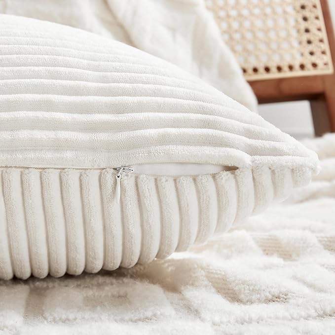 Fancy Homi 2 Packs Cream White Decorative Throw Pillow Covers 18x18 Inch for Living Room Couch Bed Sofa, Farmhouse Boho Home Decor, Soft Corss Corduroy Patchwork Textured Square Cushion Case 45x45 cm-Ruum Studio Home