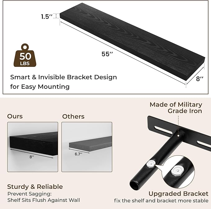 RICHFOCUS 55Inch Floating Shelves for Wall 2 Pack Shelves for Bedroom|Kitchen|Bathroom Wall Mounted Rustic Wood Floating Shelf with Invisible Brackets for Books|Storage|Decor, Black-Ruum Studio Home